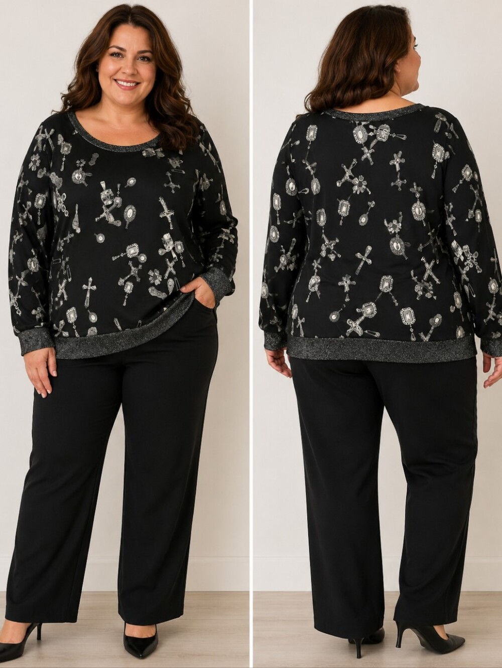 XL - Rock & Republic Black Jewelry Print Sparkle Trim Long Sleeve Top NWOT